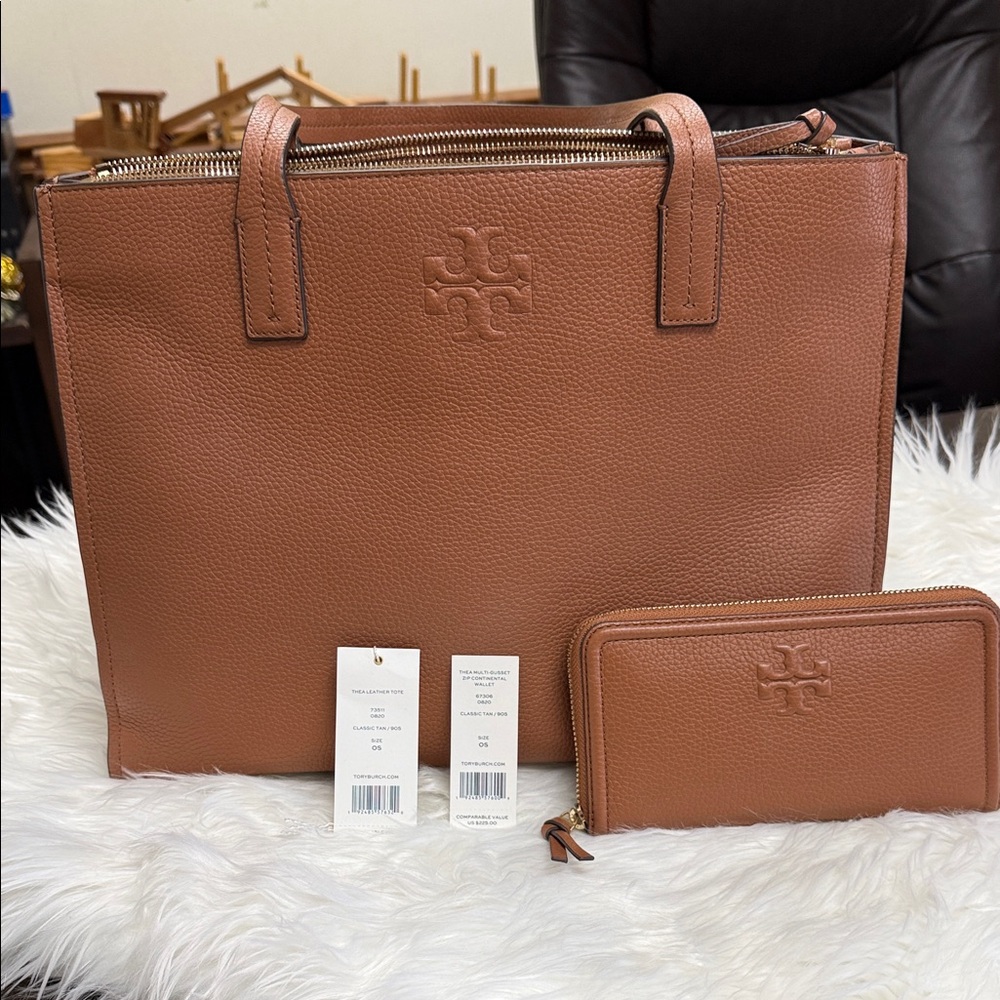 Tory Burch Thea Tan Leather Tote and Wallet Set